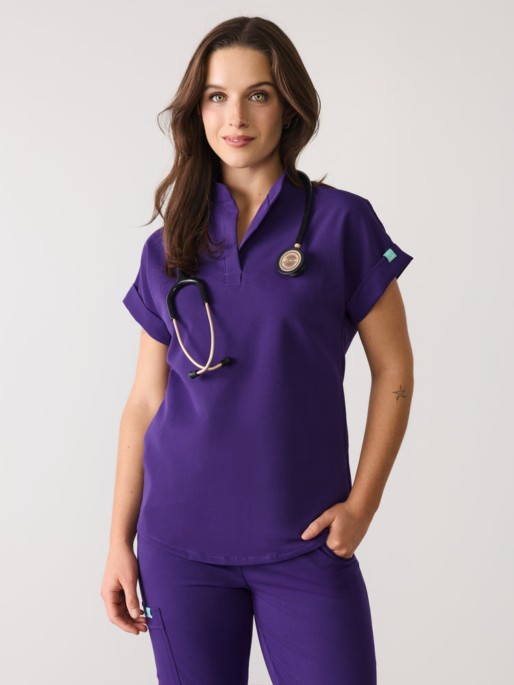 CHARLIE RE-GARDE™ - MIDNIGHT VELVET - Mandarine Collar Scrub Top - SILVADUR™ - Final Sale