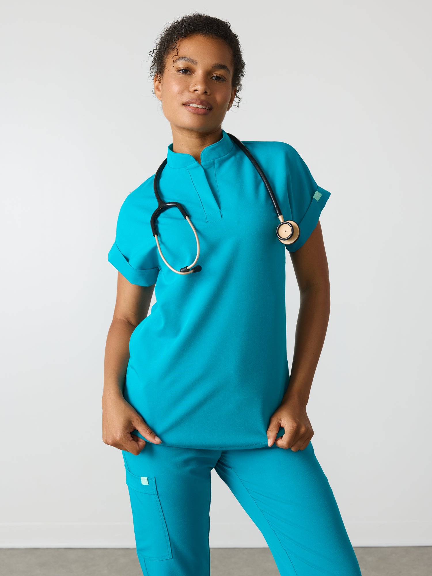 CHARLIE RE-GARDE™ - PARADISE BLUE - Mandarine Collar Scrub Top - SILVADUR™