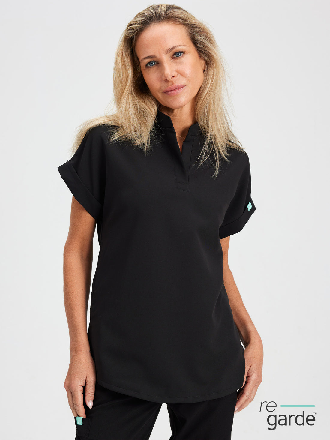CHARLIE RE-GARDE™ - BLACK - Mandarine Collar Scrub Top - SILVADUR™