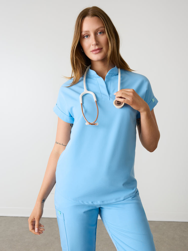 CHARLIE RE-GARDE™ - CLASSIC BLUE - Mandarine Collar Scrub Top - SILVADUR™