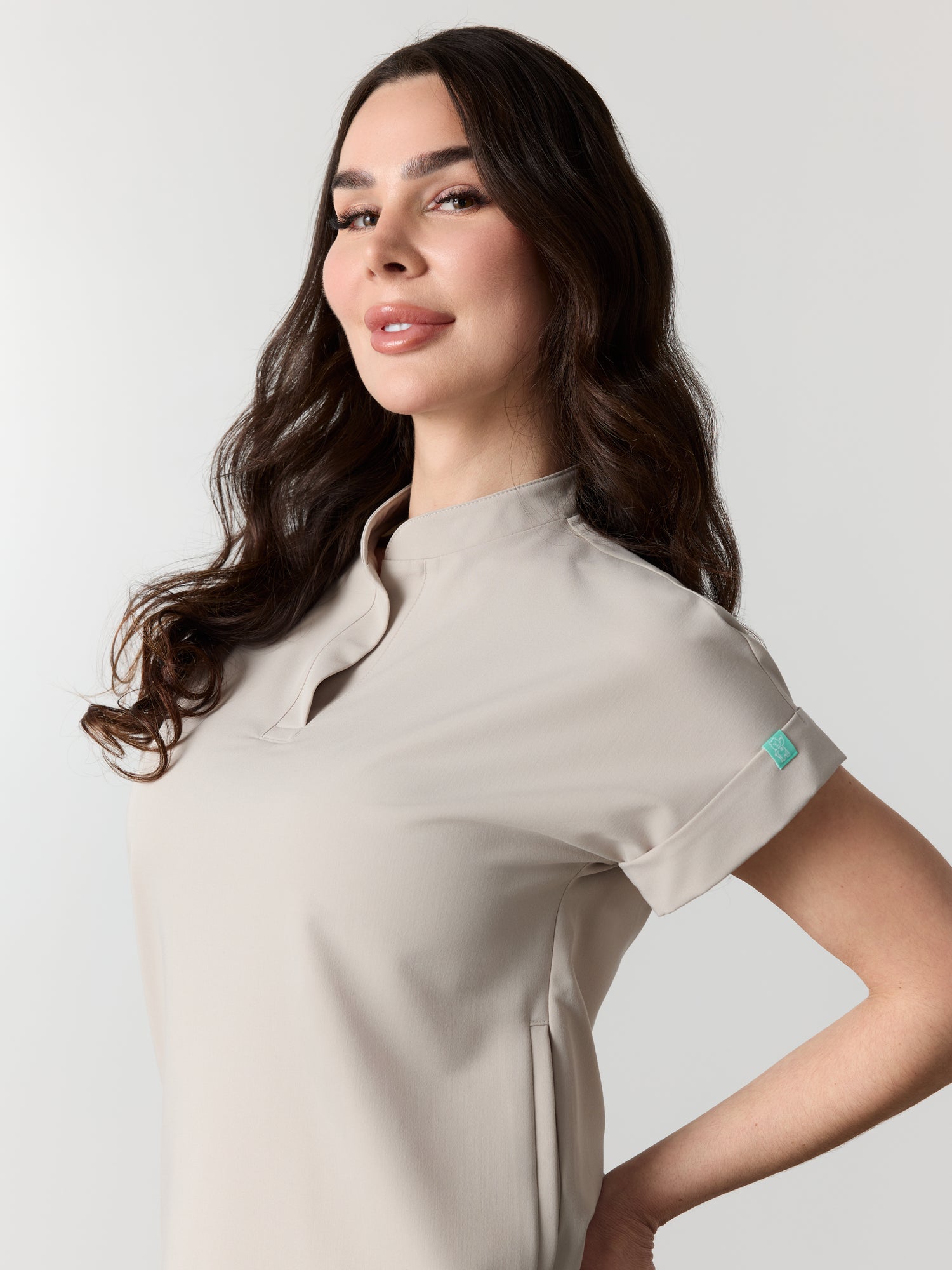 CHARLIE RE-GARDE™ - GREIGE - Mandarine Collar Scrub Top - SILVADUR™