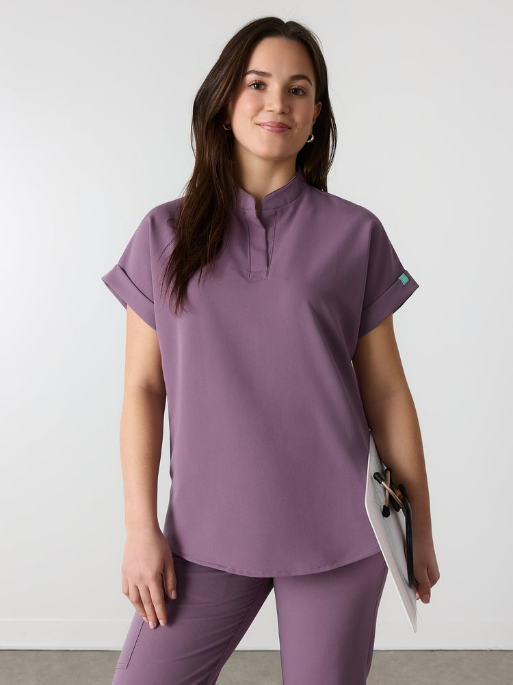 CHARLIE RE-GARDE™ - DUSTY PURPLE - Mandarine Collar Scrub Top - SILVADUR™