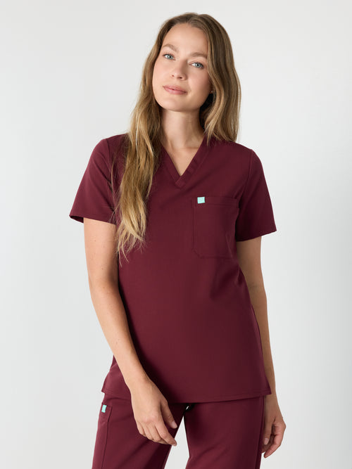 GABRIELLE RE-GARDE™ - BURGUNDY - One Pocket Scrub Top - SILVADUR™