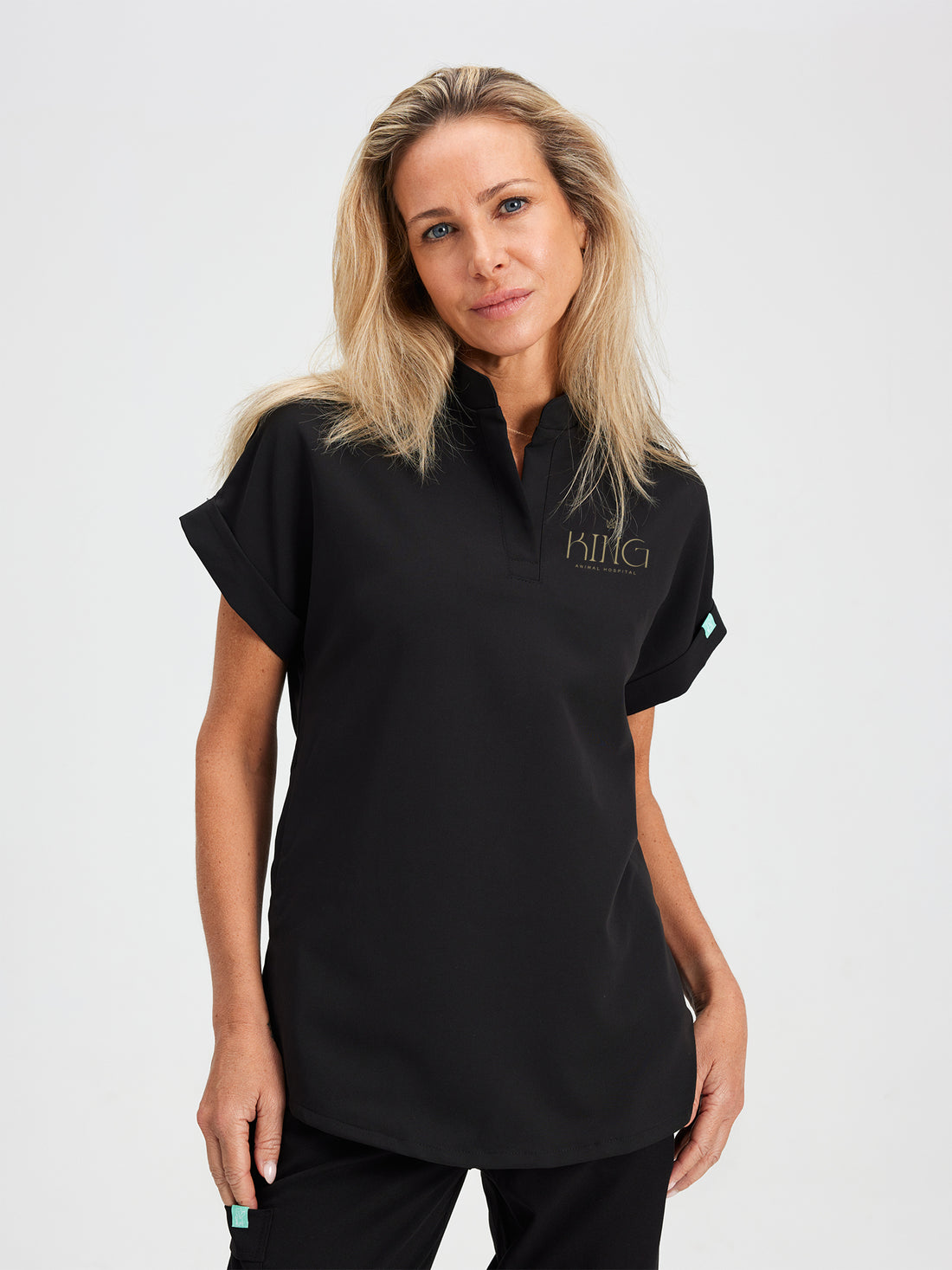 CHARLIE With King Animal Hospital EMBROIDERY - BLACK - Mandarine Collar Scrub Top - SILVADUR™