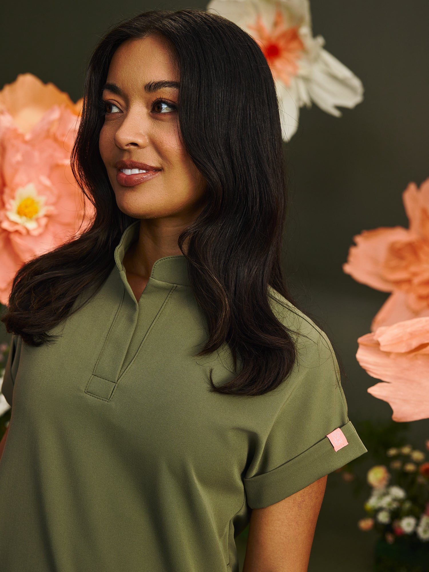 CHARLIE RE-GARDE™ - OLIVE BLOOM - Mandarine Collar Scrub Top - SILVADUR™