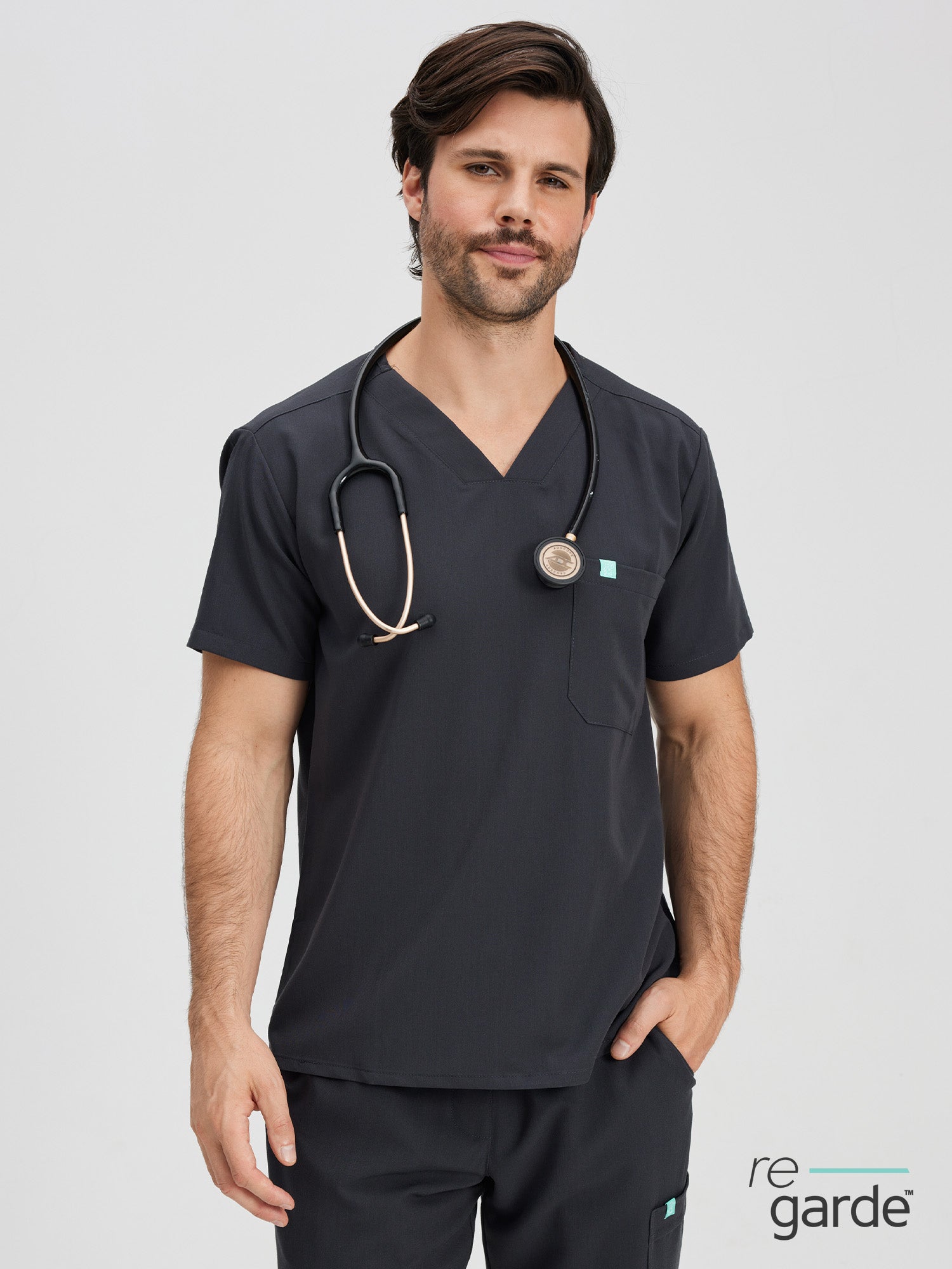 LOGAN RE-GARDE™ - CHARCOAL - One Pocket Men's Scrub Top - SILVADUR™