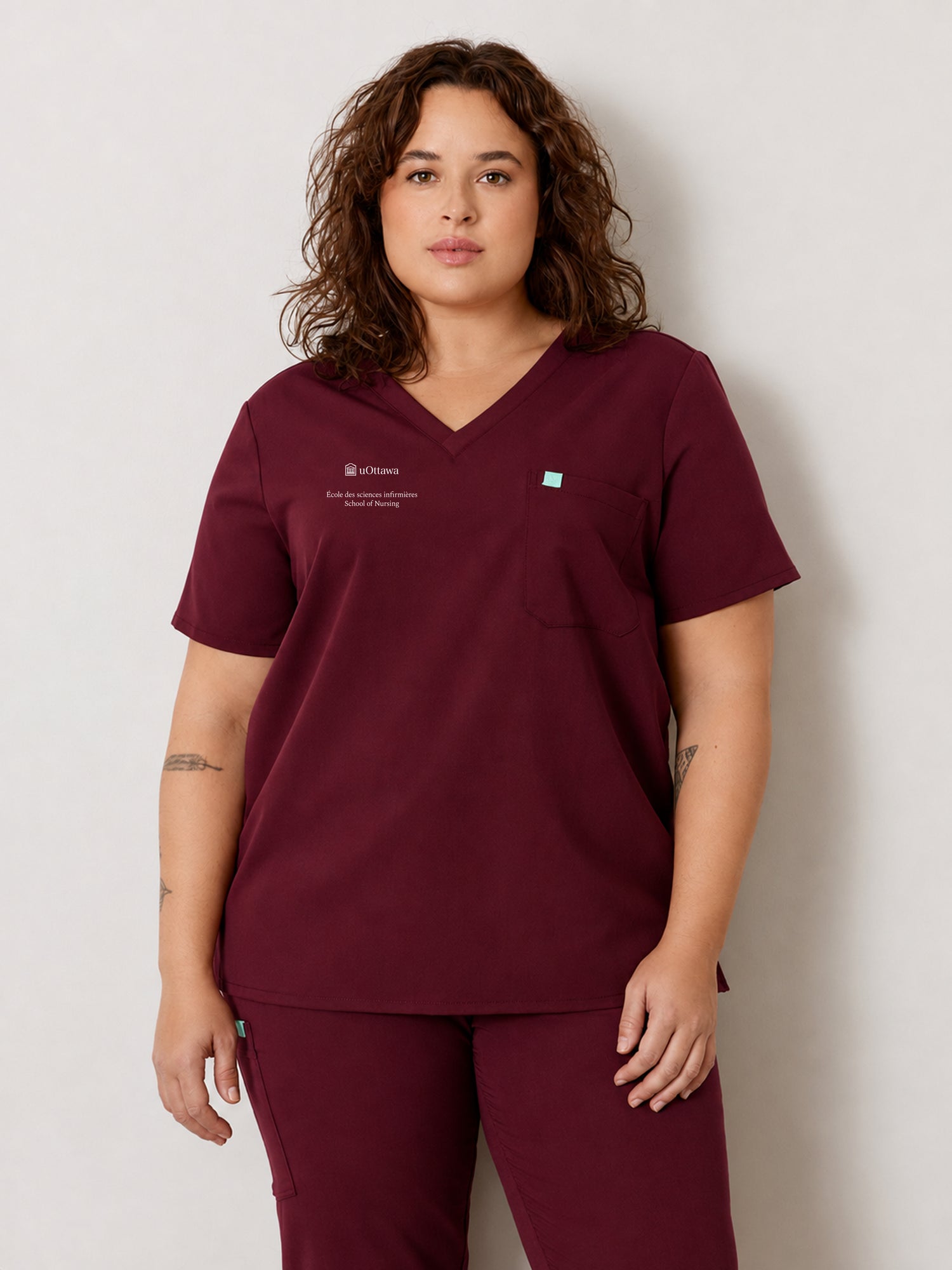 GABRIELLE with uOttawa Embroidery - BURGUNDY - One Pocket Scrub Top - SILVADUR™