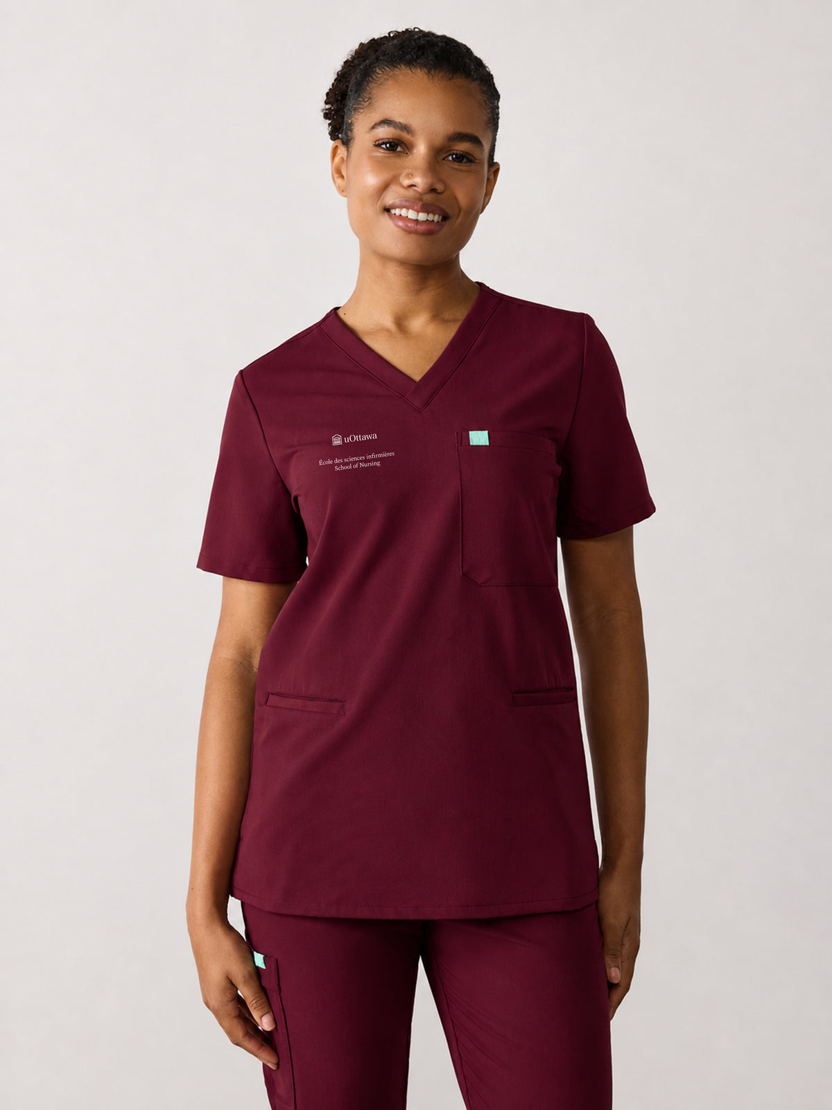 LIV with uOttawa Embroidery - BURGUNDY - Three Pockets Scrub Top - SILVADUR™