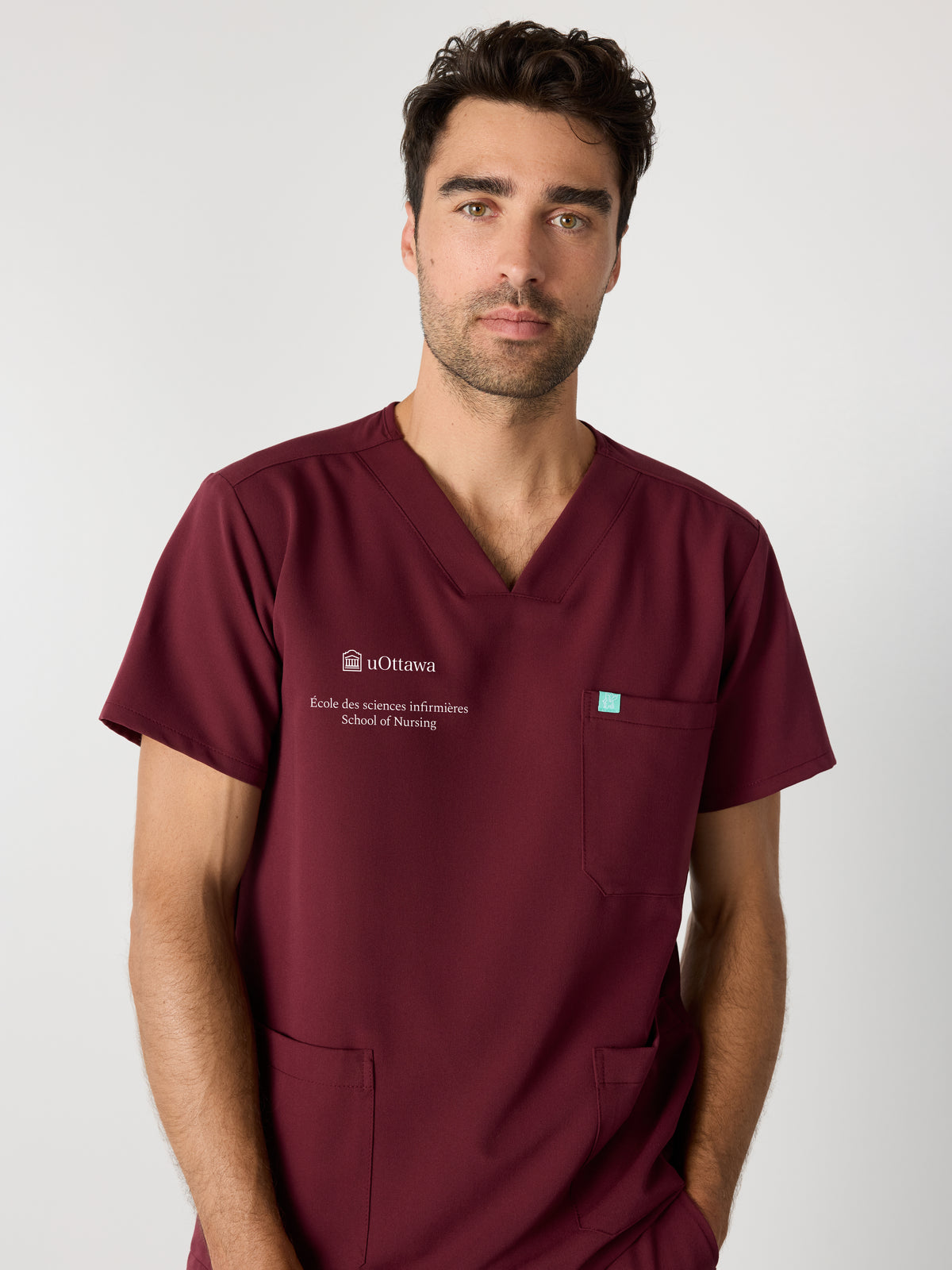 ZACK with uOttawa Embroidery - BURGUNDY - Three Pockets Men's Scrub Top - SILVADUR™