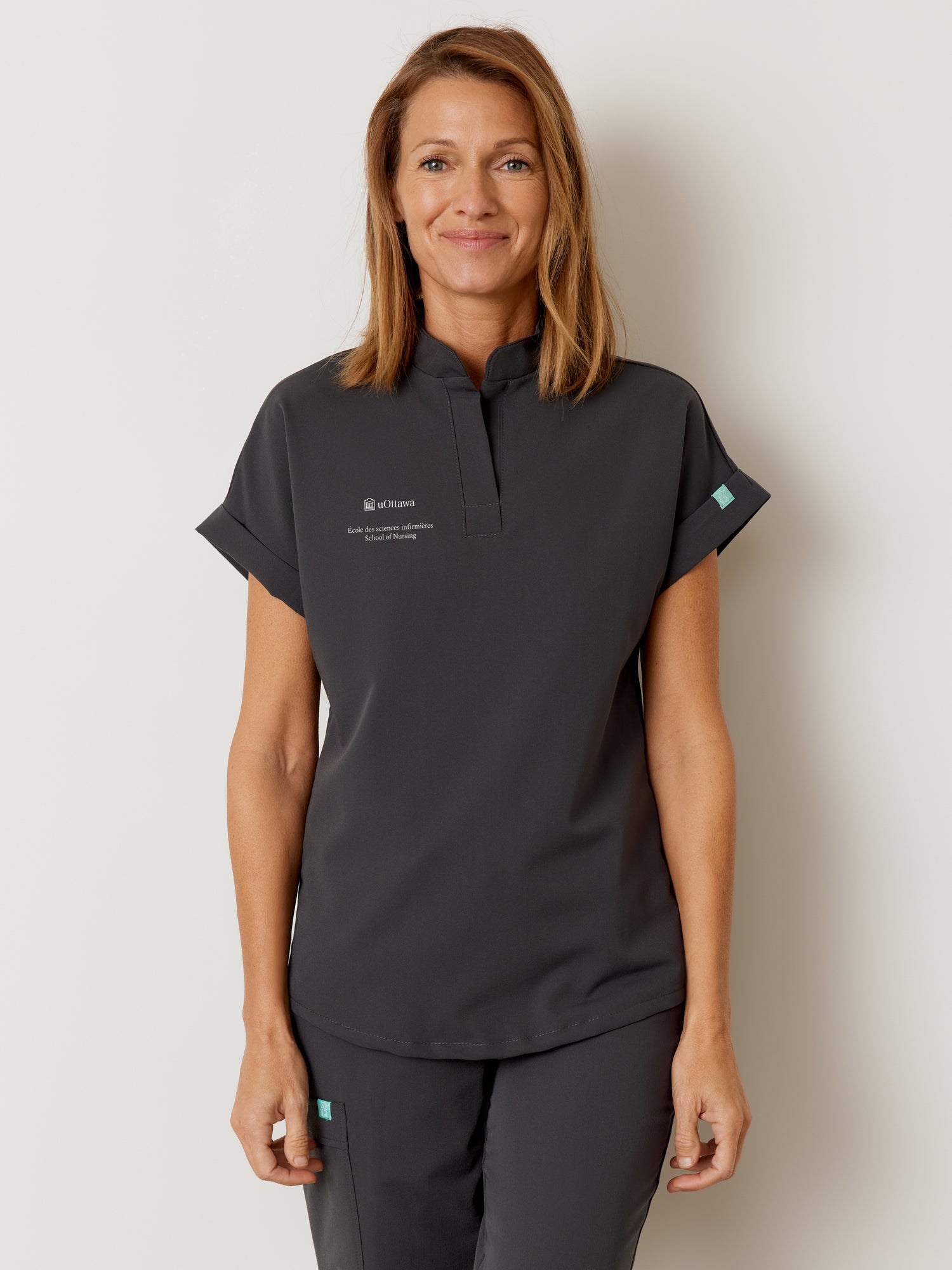 CHARLIE with uOttawa Embroidery - CHARCOAL - Mandarine Collar Scrub Top - SILVADUR™