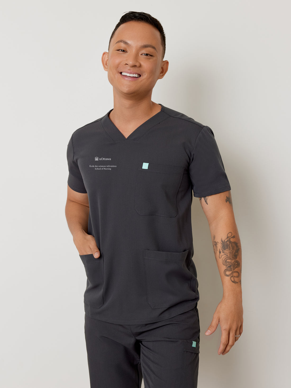 ZACK with uOttawa Embroidery - CHARCOAL - Three Pockets Men's Scrub Top - SILVADUR™