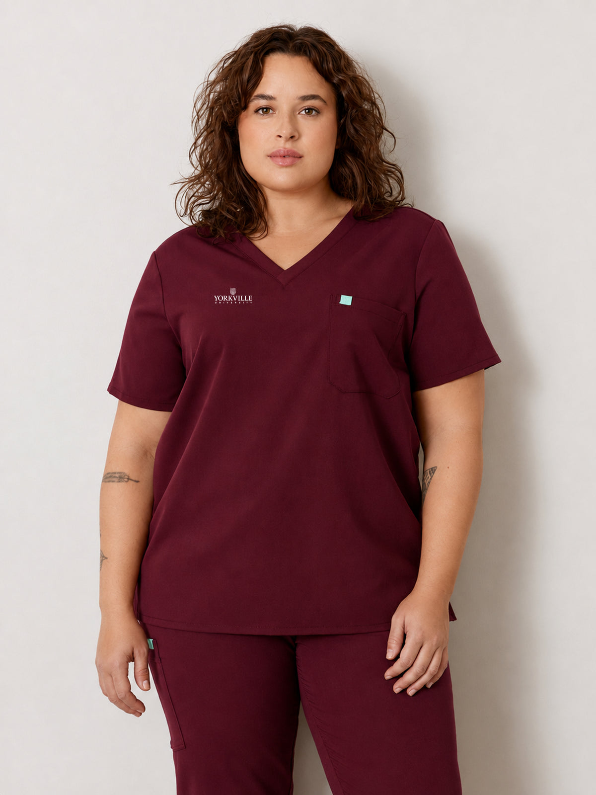 GABRIELLE with Yorkville Embroidery - BURGUNDY - One Pocket Scrub Top - SILVADUR™